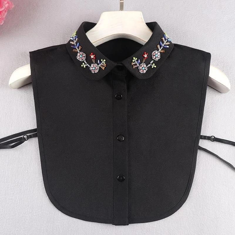 Fashion Ladies Fake Collar for Women Chiffon Fake Collar Rhinestone False Collar Lapel Detachable Button Half-Shirt Blouse Top