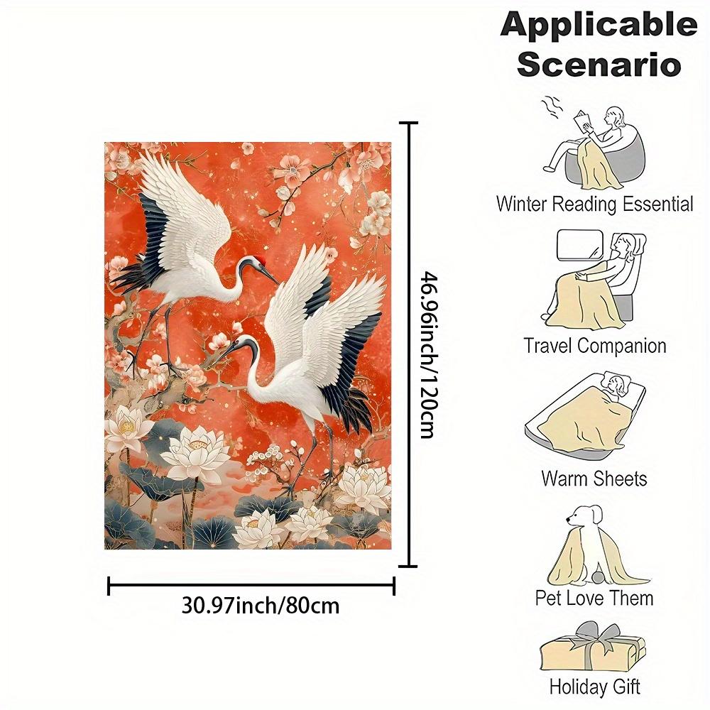 Flannel Throw Blanket with White Crane and Lotus Design, Digital Print Soft Polyester Flannel, Reversible, Non-Woven, No Pilling