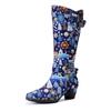 Genuine Leather Long Boots Women Shoes Handmade Retro Printed Color Matching Lace Up Mid-calf Boots