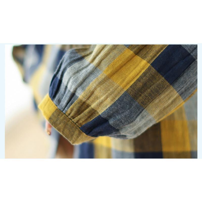 Long Sleeve Lapel Button Down Chest Pocket Shirt Women Art Retro Loose Double-layer Cotton Yarn Plaid Shirts Top for Women