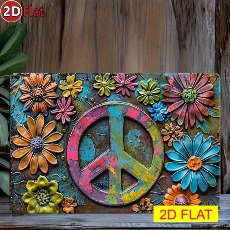 

Vintage Metal Poster Peace Sign Hippie Flower Wall Art Living Room