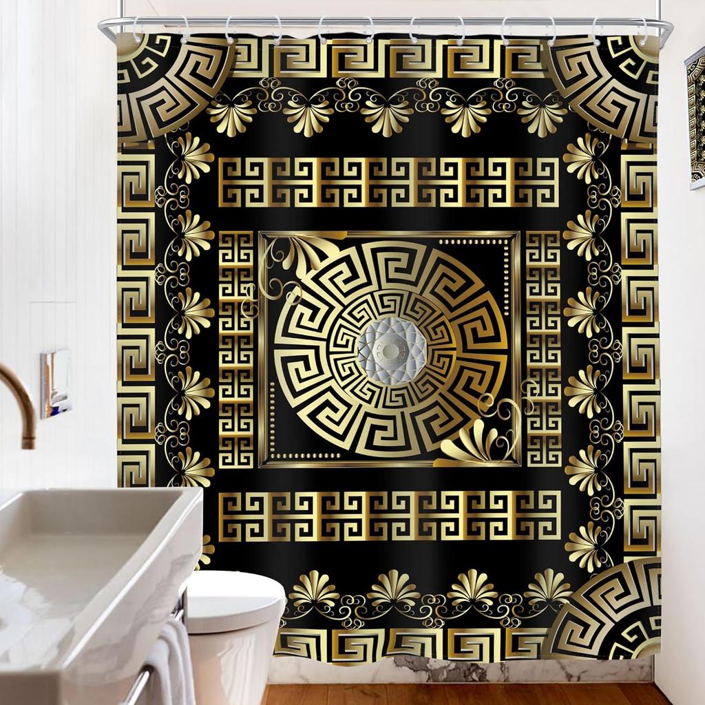 Black Gold Geometric Shower Curtain Vintage Greek Key Abstract Modern Classic Retro Antique Luxury Simple For Man Males Fabric