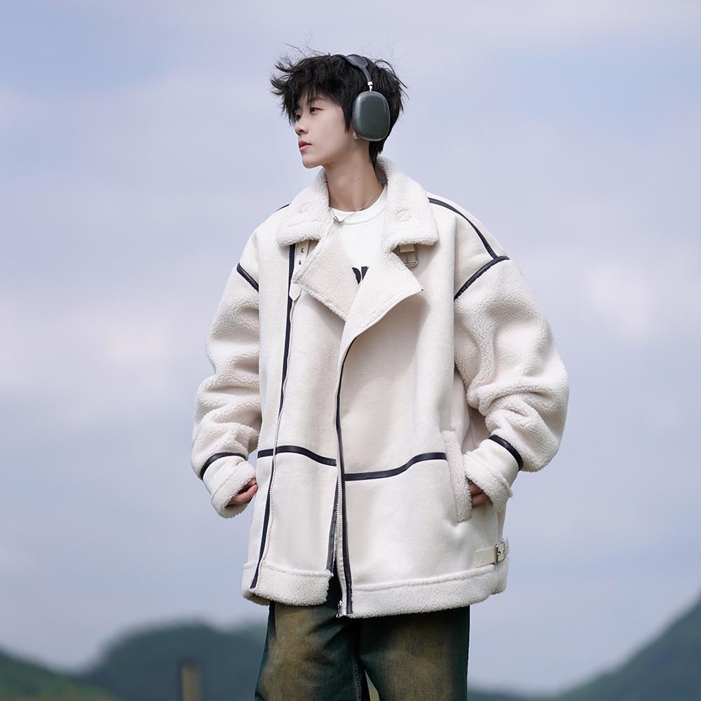 Men's Lambswool Fur-Lined Color Block Winter Jacket, Trendy American Brand, Plus Size, Thickened Cotton for Teens