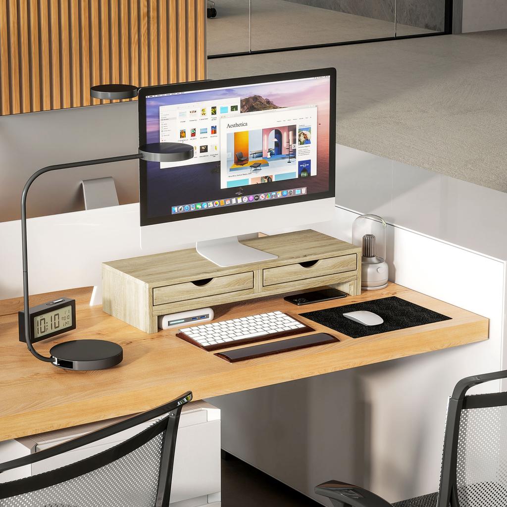 PC Screen Riser Desk Computer Monitor Stand 60-116 Cm with 2 Drawers, Adjustable Length and Angle