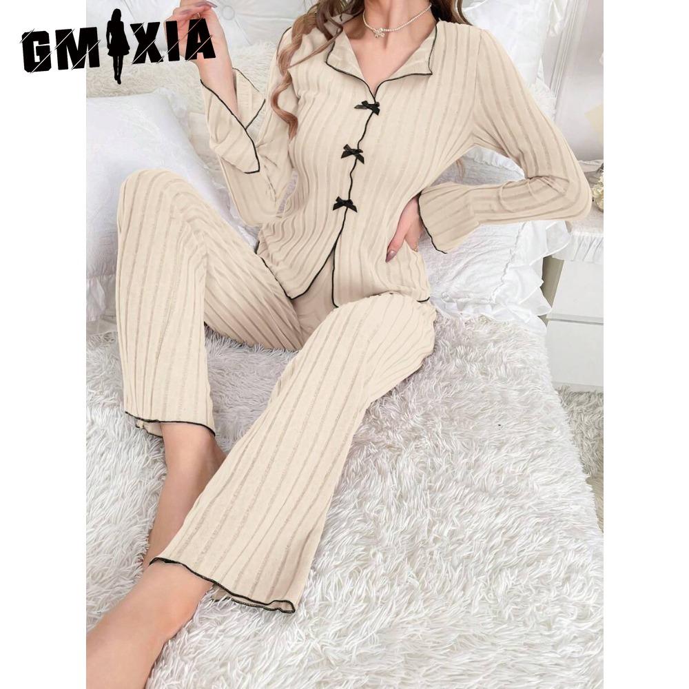 

GMXIA Женская модная пижама с воротником поло, повседневная с бантом, с длинным рукавом и длинными брюками, носимая домашняя одежда, комплект из двух предметов M бежевый