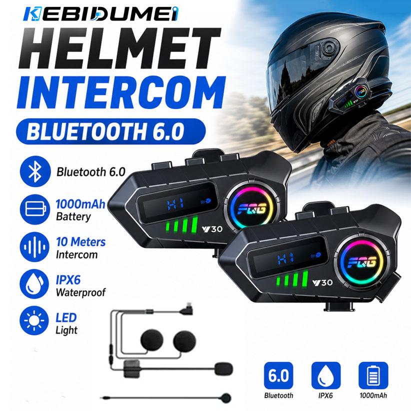 Y30 Motorcycle Intercom Bluetooth 6.0 Helmet Headset Led Light Moto intercomunicador For 2 Riders Voice Control Wireless Speaker Moto Accessories