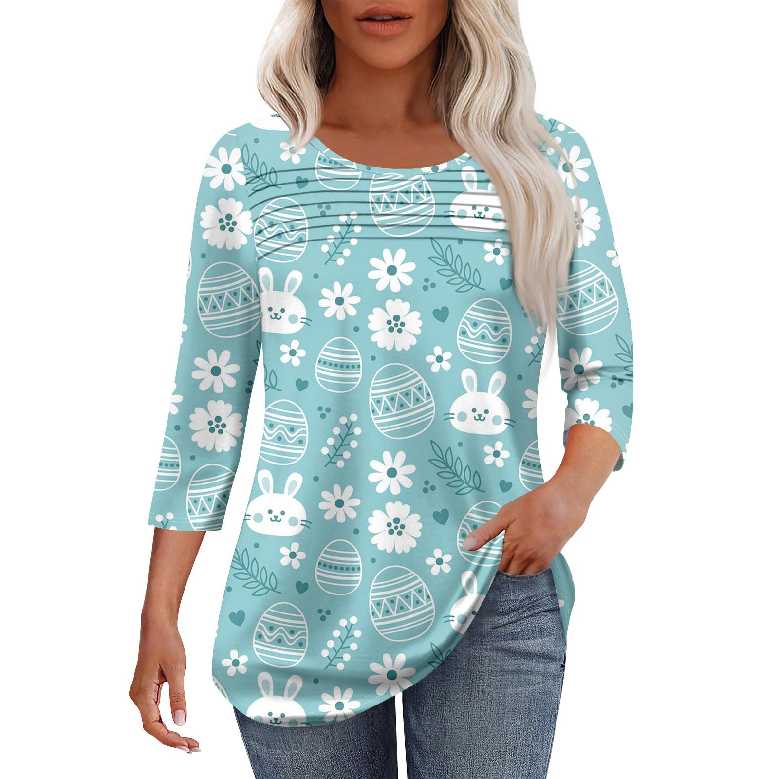 

Женская мода круглый вырез шея плиссированная передняя планка с принтом рукав 3/4 топ XXL