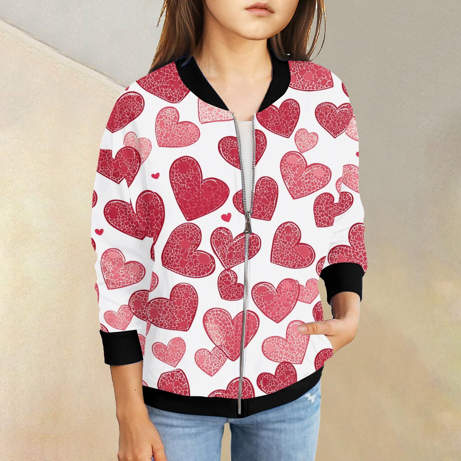 

Куртки на молнии для девочек, детские осенние толстовки с длинными рукавами, верхняя одежда с карманами на День святого Валентина, 5-15 лет 140 красный