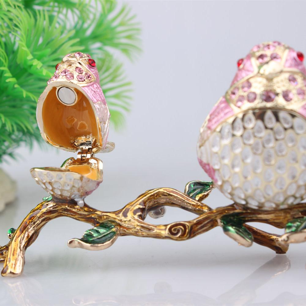 Alloy Cloisonne Jewelry Box with Rhinestones, Mother & Child Lovebirds Figurine, Light Luxury Home Desktop Decor Gift