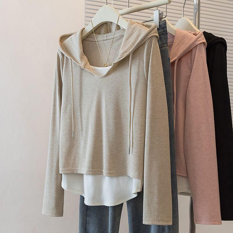 Plus Size Women's Autumn Hooded Sweatshirt, 2025 New Style, Slimming Irregular Two-Piece Design.