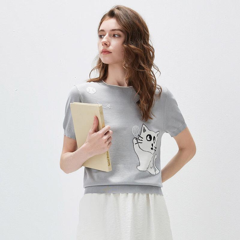 Women's Mulberry Silk Blend Cartoon Cat Knit Tee