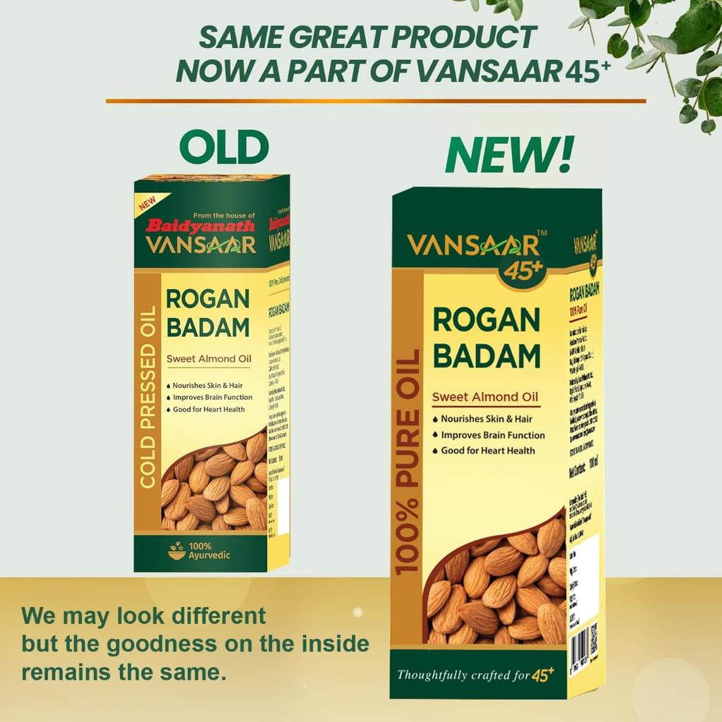 Vansaar 45+ Rogan Badam Oil 50ml Cold Pressed Sweet Almond Oil For Skin Brightening & Hair Shine Nourishment With Natural Californian Almonds