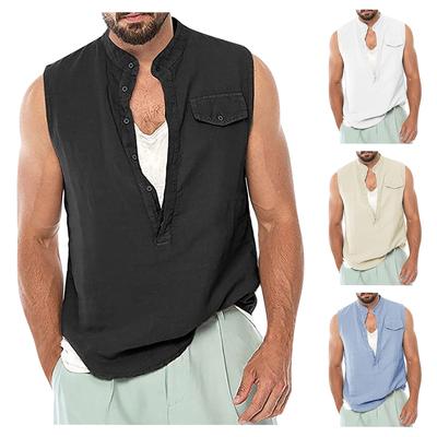 (Qunide) Men'S Cotton Linen Camisole Collar Loose Sleeveless Vest Sleeveless Button Loose T-Shirt Top Fitness Sweatshirt