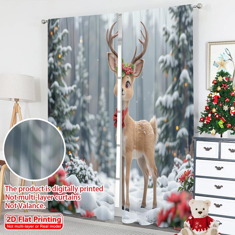 2pcs 2D Flat Printing Merry Christmas Popular Drapes Cute Christmas Deer Present Polyester Fabric Without Electricity Festive