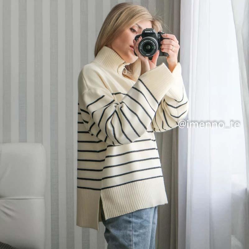 Sweaters Women Fashion Stripe Loose Zipper Knitting Sweaters Vintage Long Sleeve Female Pullover