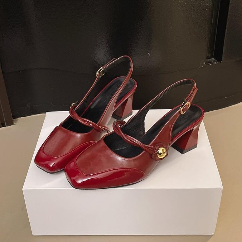 

Fashion 2025 New Luxury Women High Heel Sandals Patent Leather/Satin Surface Breathable Thick Heel Shoe Ladies Wedding Party Dress Shoes 35 вино красного
