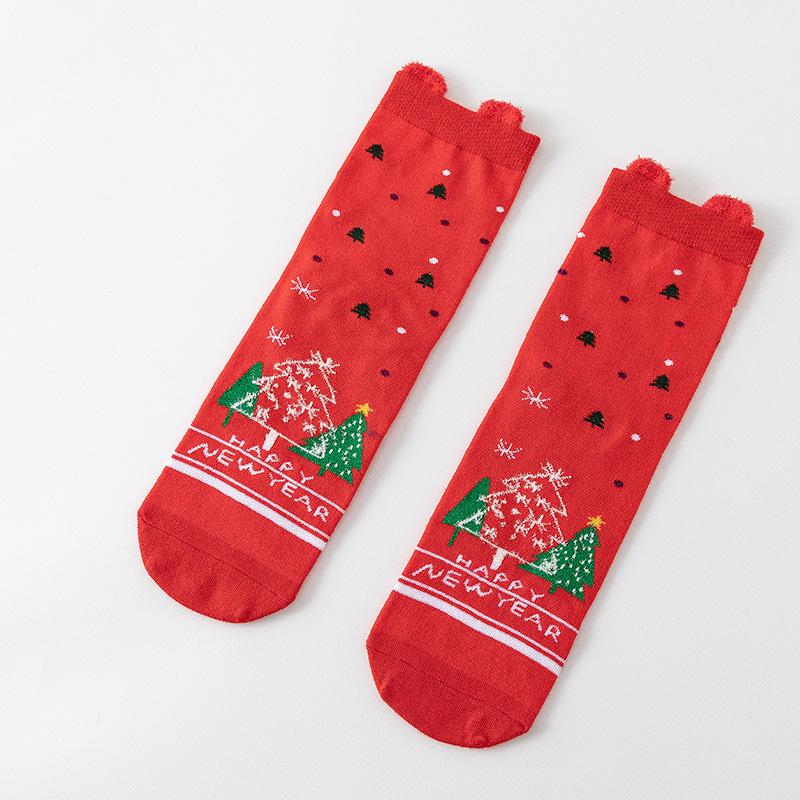 Cute Elk Cartoon Socks with 3D Ears – Red, Cotton for Autumn & Winter, Japanese Style, Perfect for Christmas