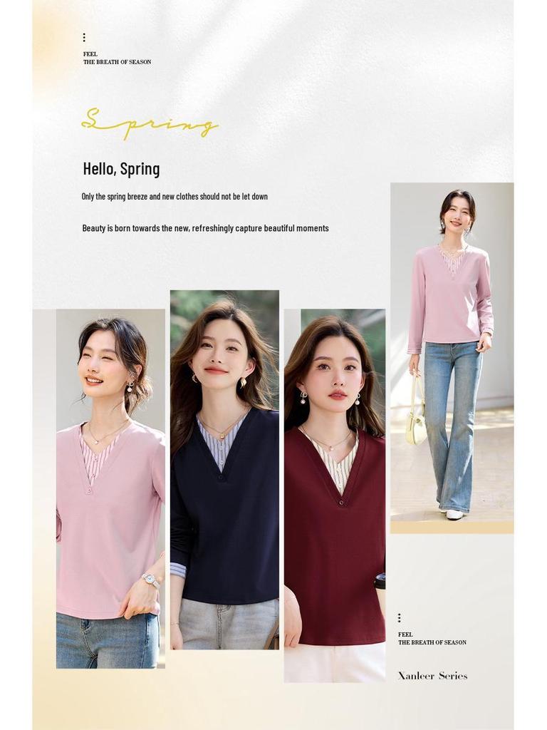 Women's V-Neck Layered Long-Sleeve T-Shirt: New 2026 Spring Style, Regular Fit, Fashionable Base Layer.