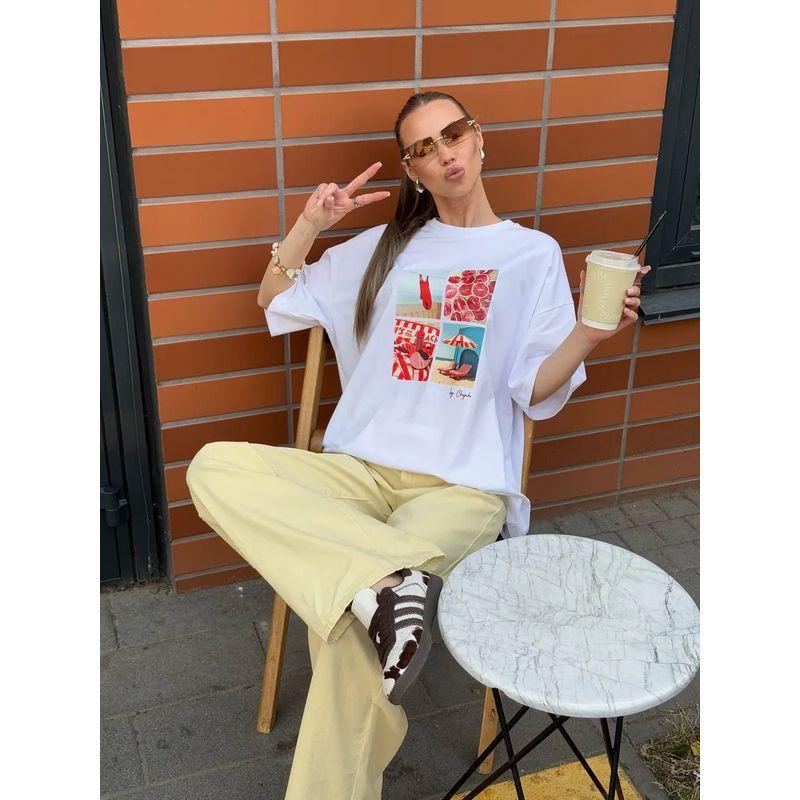 Western Style Fashion Casual Loose Print Round Neck Short Sleeve Cotton T-shirt Top Printed T-shirt Top