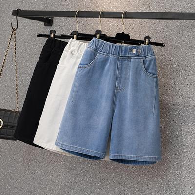 Women's Summer Elastic Waist Big Size Denim Five Minute Trousers Straight Loose Thin Shorts