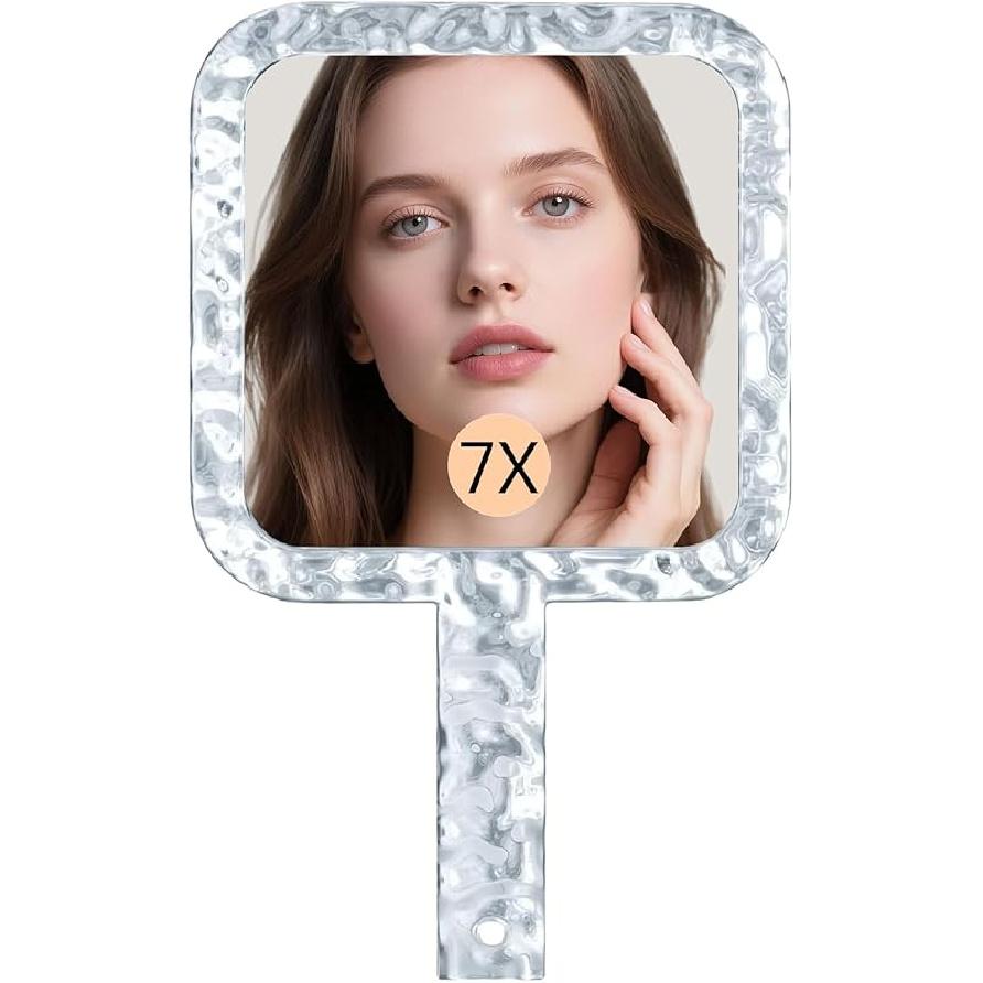 Famihomii Dual-Sided Hand Mirror, Handheld Mirror with 1X/7X Magnification, Hand Mirror with Handle, 10.0  x 6.1 , Lightweight & Durable, Portable &