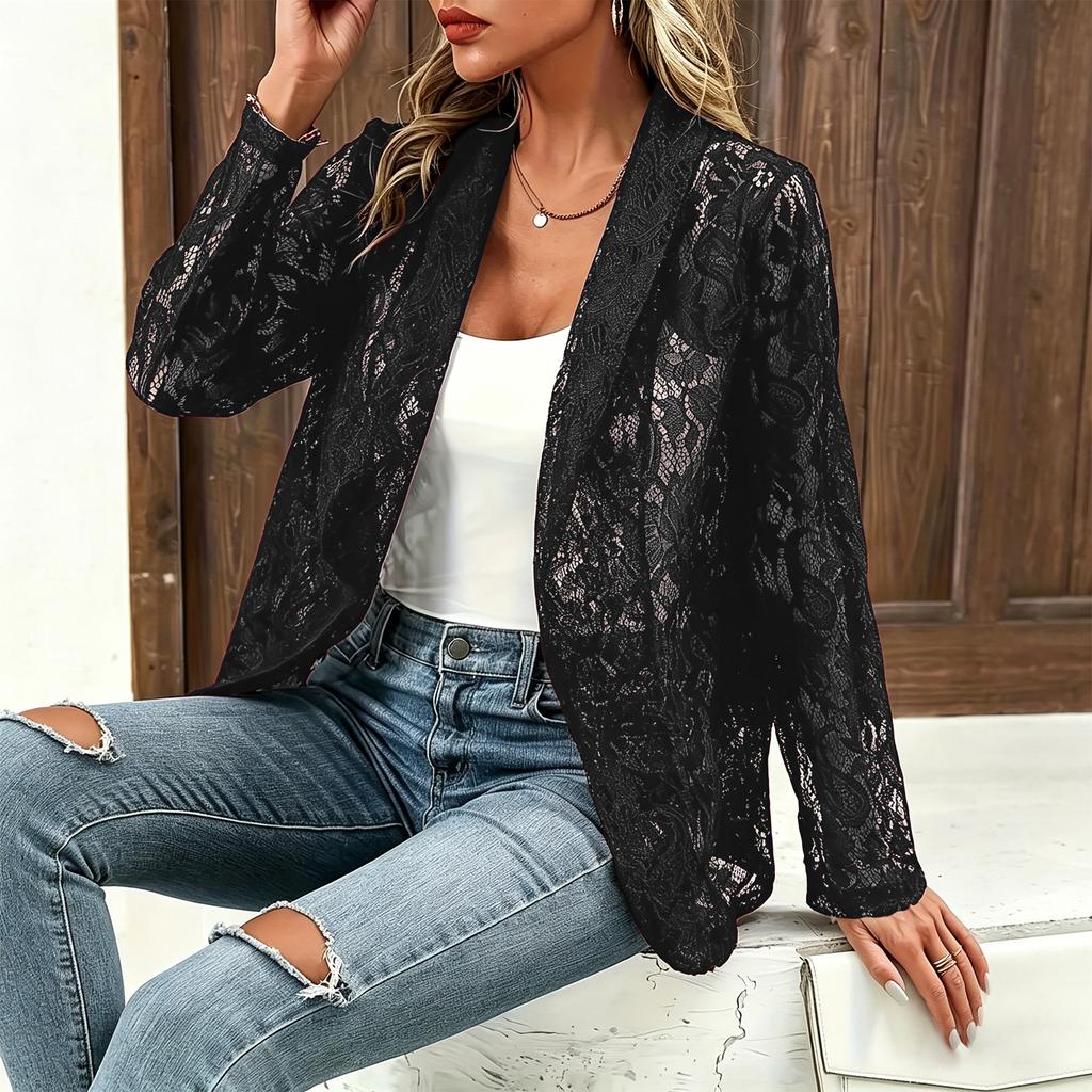 Women Lace Sleeve Open Front Blazer Casual Long Sleeve Lightweight Cardigan Jacket for Office and Daily Wear