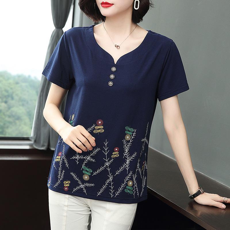 Women Loose V Neck Short Sleeve Printed Cotton T Shirt Middle Aged Mom Casual Top