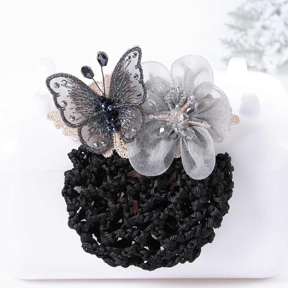 Butterfly Flower Elastic Hair Net Rhinestone Beads Decor Office Hair Flower  Bank Working Hair