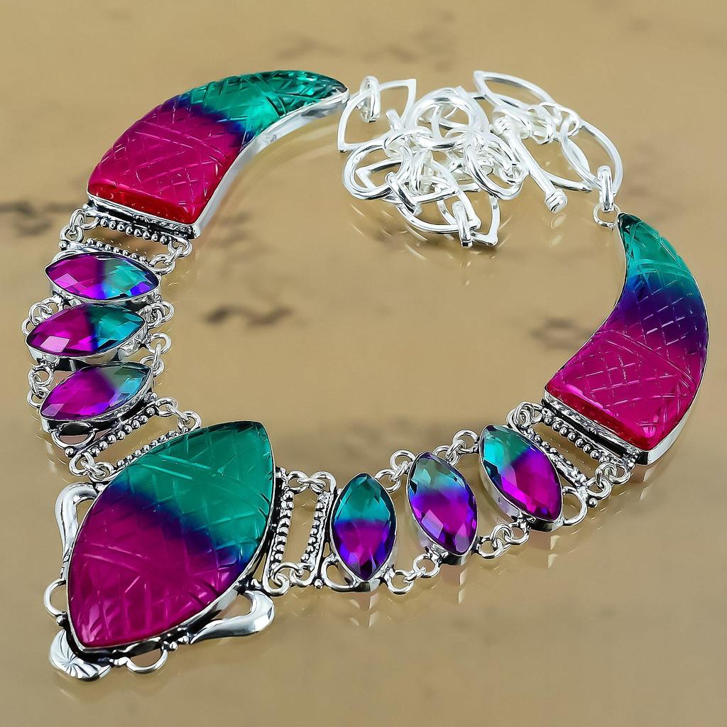 Natural Carved Bi-Color Tourmaline Chain Adjustable Necklace 925 Silver