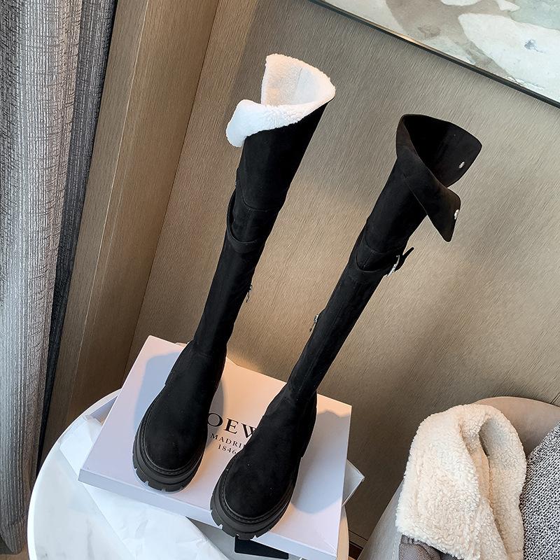 Lapel two wear autumn and winter new knee boots women's snow boots fleece thickened large tube circumference to keep warm