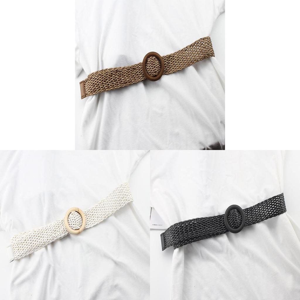 Womens Woven Cotton Linen Belt With Round Wooden Buckle For Casual Dress Fashion