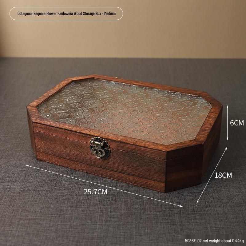 Retro Begonia Glass Lid Wooden Storage Box for Cosmetics, Snacks, Candy, and Documents - Dustproof and Multifunctional