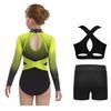 Girls Sparkly Rhinestones Color Block Leotard Long Sleeve Keyhole Back Design Cross Back Vest Shorts Skating Outfit