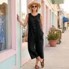 Women's Fashionable Color Button Sleeveless Pocket Casual Retro Wide Leg Seven Part Jumpsuit