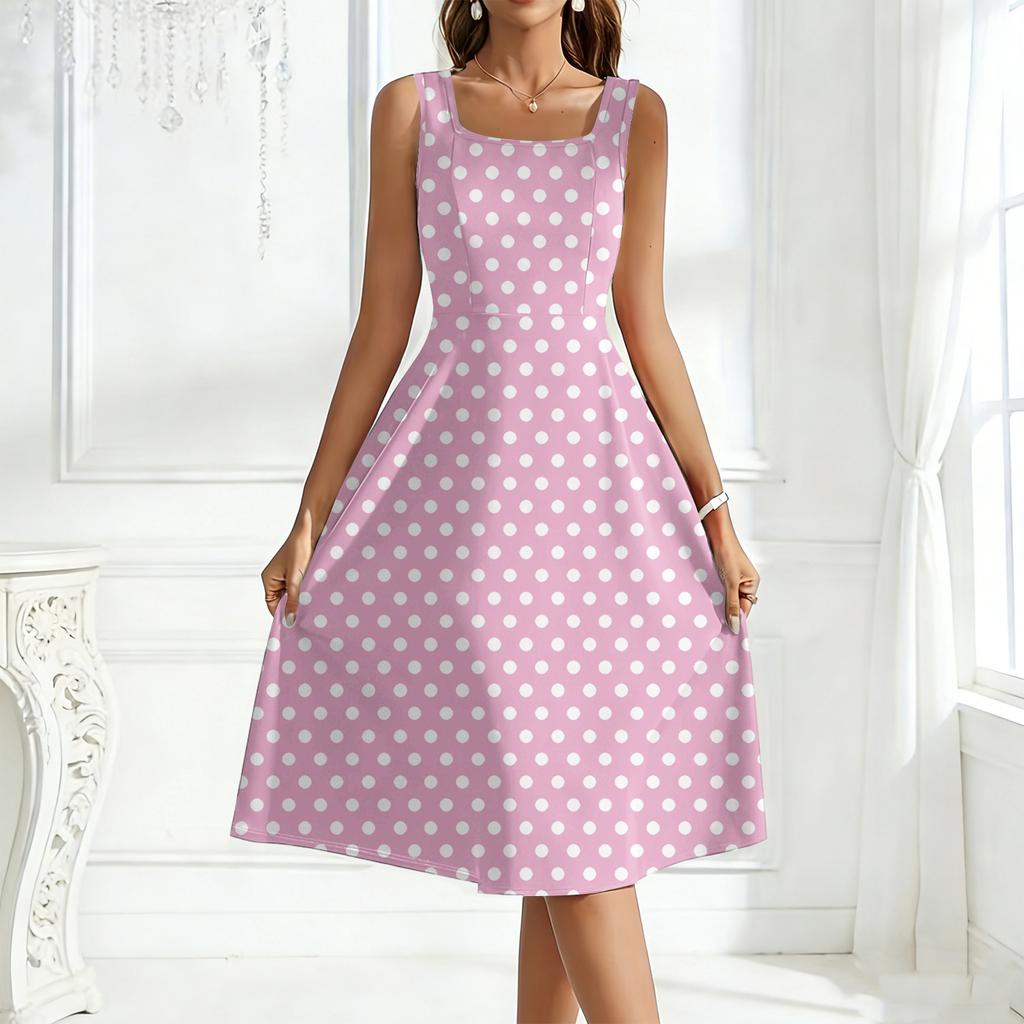 Women's Square-Neck Sleeveless Polka Dot Maxi Dress