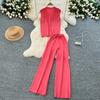 Summer Women Knitted Sweater Tracksuit Sleeveless Big Gold Button Tank Vest Tops and Wide Leg Pant Two Piece Set