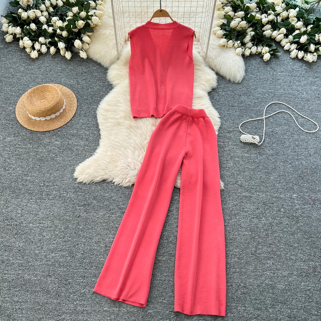 Summer Women Knitted Sweater Tracksuit Sleeveless Big Gold Button Tank Vest Tops and Wide Leg Pant Two Piece Set