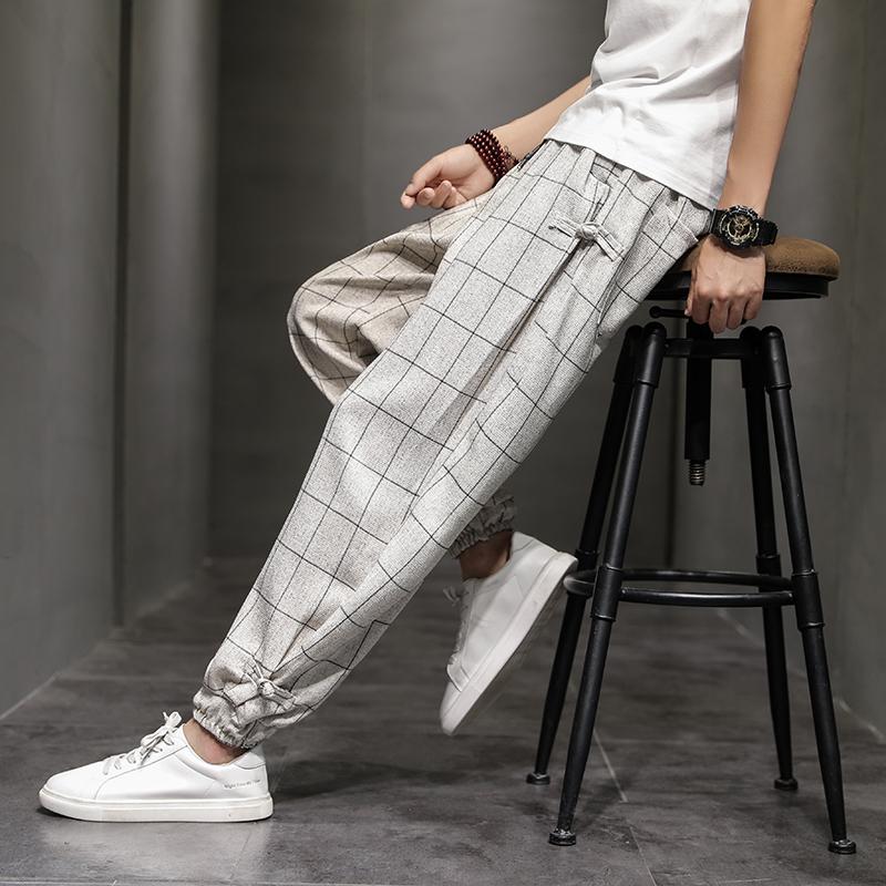 Men Trend Disc Buckle Hallen Pants Spring Summer Comfortable Breathable Casual Pants