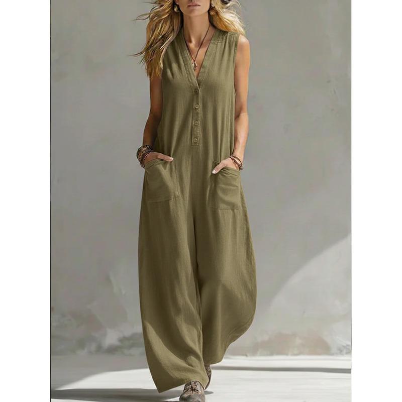 Dámský neformální overal bez rukávů s V-výstřihem, volným střihem a dvěma kapsami