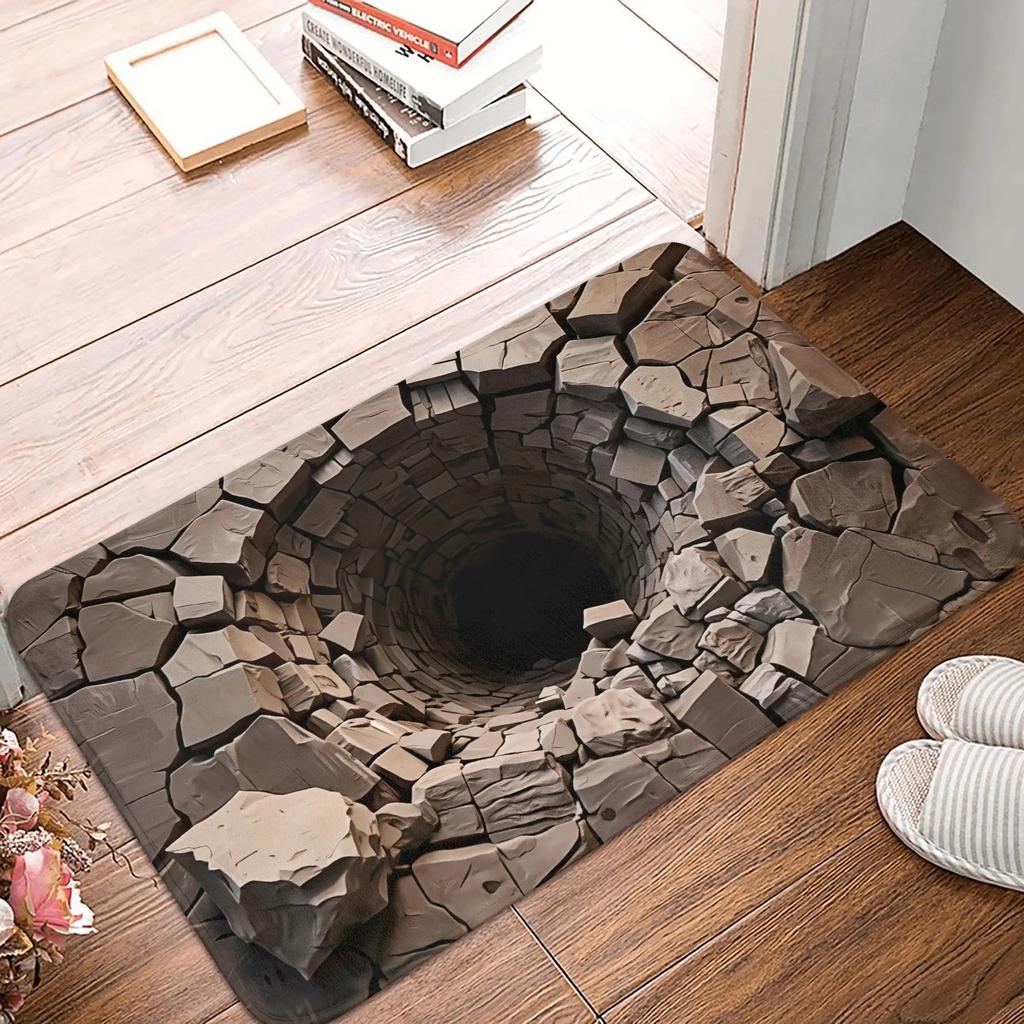 3D Visueller Teppich mit Unendlichem Abgrund Ziegelstein Stein Falle Muster Fußmatte für Haustür Rutschfest Teppich für Wohnzimmer Eingang