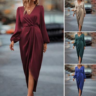 Women Dress Irregular Slit Hem High Waist Pleated Long Puff Sleeves Solid Color V Neck Formal Party Banquet Maxi Dress