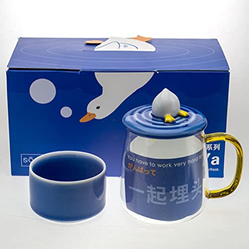 400ml Heat-resistant Glass Mug with Blue Wave-patterned Lid (with Diving Duck Decorative Handle) and Blue Lid Holder