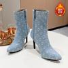 Cowboy Pointed Toe Women Ankle Boots Bling High Heels Shoes Winter 2025