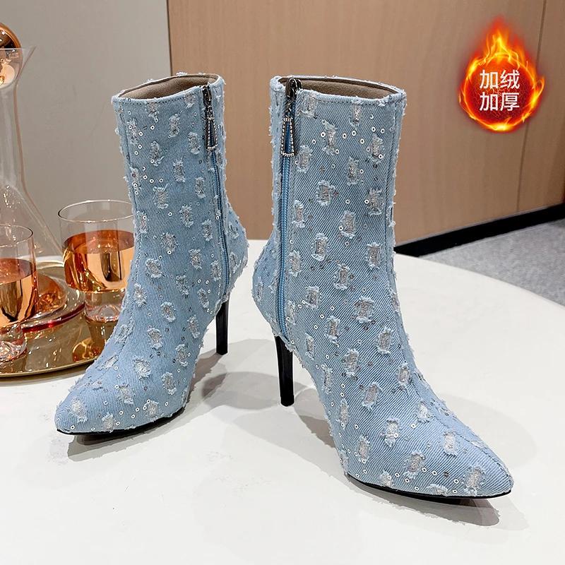 Cowboy Pointed Toe Women Ankle Boots Bling High Heels Shoes Winter 2025