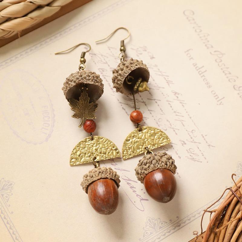 Retro natural plant earrings handmade creative niche acorn fruit long fringed design women's earrings