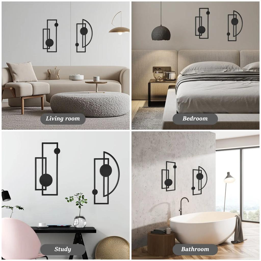 2 Pezzi Arte da Parete Astratta in Metallo Nero Decorazione Minimalista Verticale Decor Geometrico Moderno Sculture Testurizzate 3D per Soggiorno