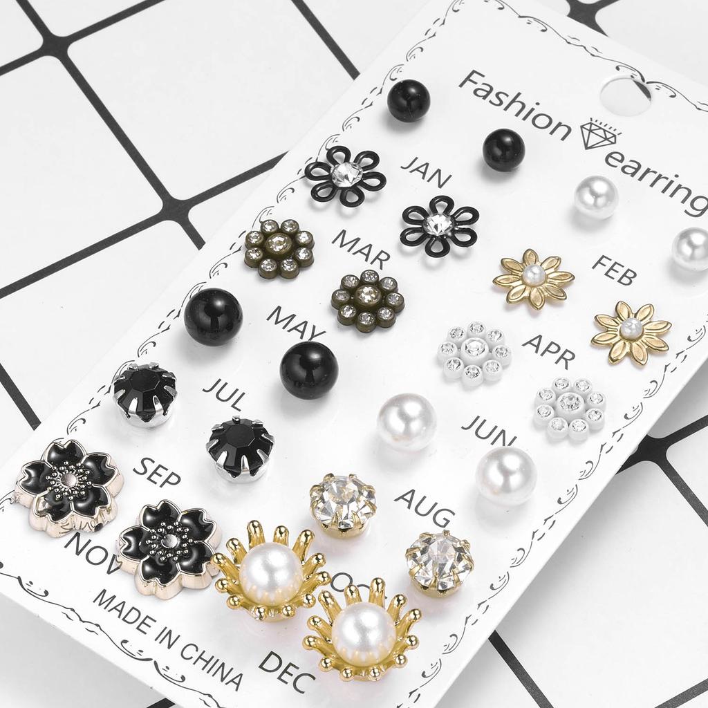 12 Pairs/Lot Acrylic Rhinestone Fashion Earrings Set For Women Flower Heart Stud Earring Girls Simple Geometric Earrings Jewelry