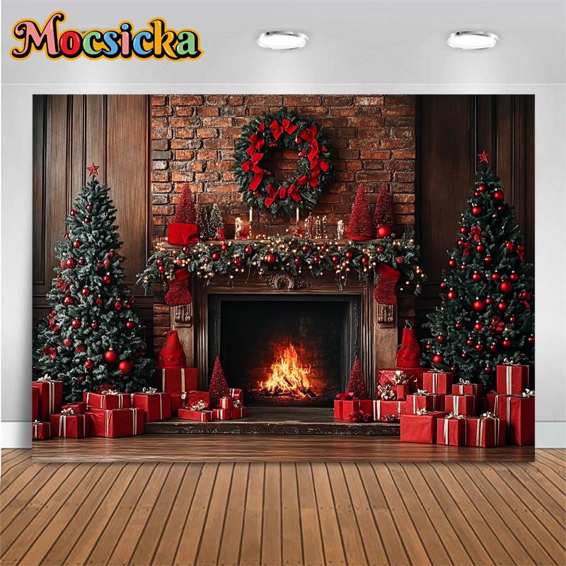 Mocsicka Christmas Backdrop Photography Fireplace Gifts Tree Party Photo Background Indoor Home Red Wallpaper Decorations Banner