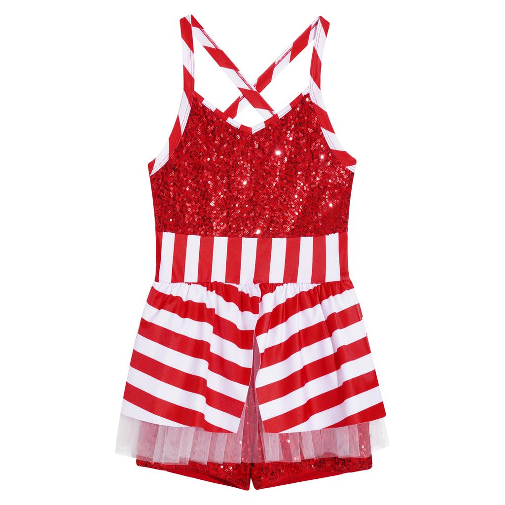 Mädchen Weihnachten Jumpsuit Überkreuzte Schulterträger Ärmellos Pailletten Gestreiftes Tanz-Unitard Gymnastik-Aufführungsbody