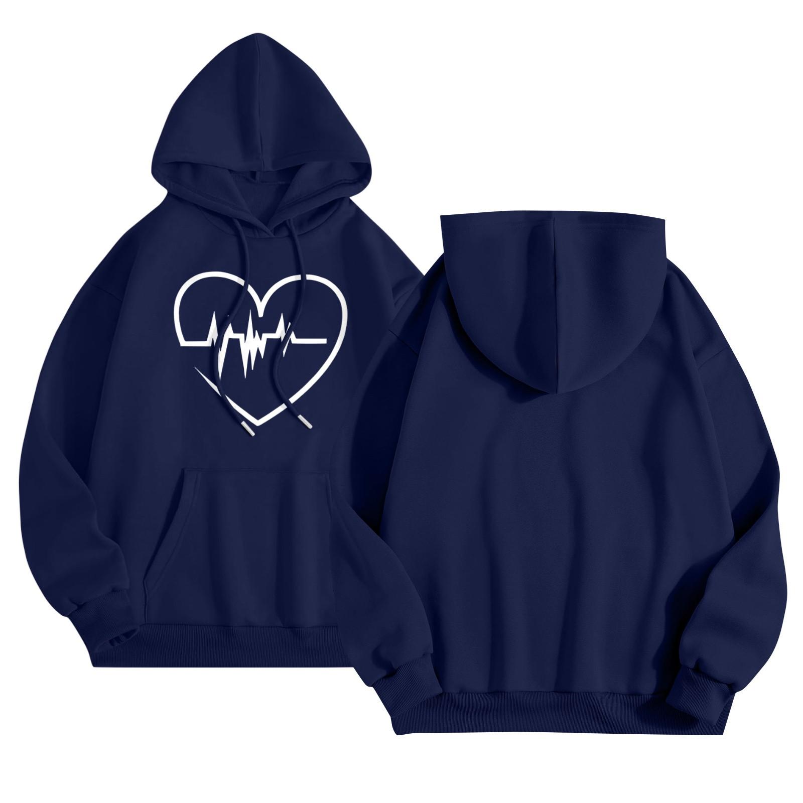 

Женский повседневный комфортный плюшевый свитер с длинным рукавом и свободным воротом с капюшоном и принтом Heart Beat XXXL темно-синий